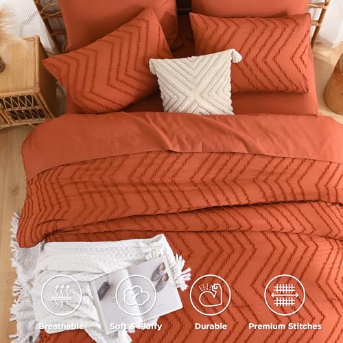 Image of Andency Queen Comforter Set Burnt Orange, 7 Pieces Boho Tufted Terracotta Bed in a Bag, Soft Fluffy Bedding Set with 1 Comforter, 1 Flat Sheet, 1 Fitted Sheet, 2 Pillow Shams, 2 Pillowcases