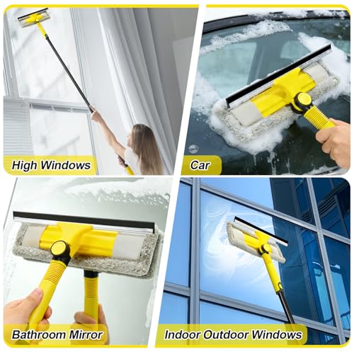 Image of Professional Window Squeegee with 60 inch Extension Pole for Home | 2 in 1 Squeegee for Window Cleaning with Scrubber / Rotatable Head for Car Glass Shower Indoor & Outdoor High Windows