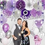 Purple Silver Birthday Party Decorations Kit with Happy Birthday Banner, Paper Lanterns, Streamers, Tissue Pom Poms, Honeycomb Flower Fans, Silver and Purple Balloons, & More for Women Girls' Party - Image 5