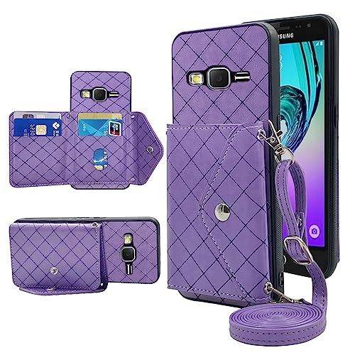 Compatible with Samsung Galaxy J3 2016/J 3 V/J36V/Sky/Amp Prime Wallet Case with Crossbody Shoulder Strap Stand Leather Credit Card Holder Lanyard Phone Cover for Sol J3V JV3 J36 6 J320V J320A Purple