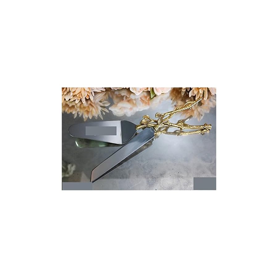 Godinger 2 Piece Gold leaf (twig) Cake Server Set. 1 Cake Knife and 1 Cake Server. Leaf Design 2 Tone Made of Stainless Steel and Brass. Ideal for Weddings, Party's, Elegant events.