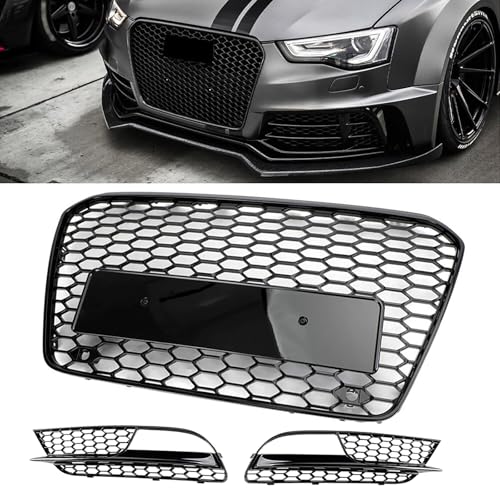 Gloss Black Honeycomb Mesh Style Front Bumper Grille w/Fog Light Cover Fit for Audi A5 A5 Quattro 2013-2016 Standard Bumper