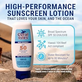 Coral Isles Sunscreen SPF 50 | Hawaii Reef-Safe Act Compliant | Octinoxate & Oxybenzone Free | Broad Spectrum UVA/UVB Protection | Water Resistant 80 Min. | Fragrance Free | 6 Fl Oz Lotion