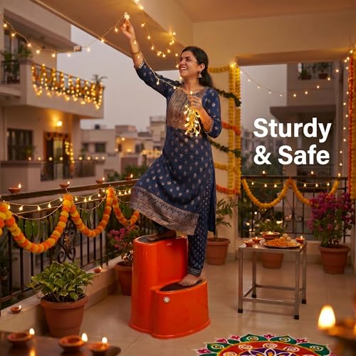 Image of Multipurpose Step Stool with Anti-Skid Surface for Home, Kitchen & Office | Premium Plastic Ladder Stool | 220 kg Hight Weight Load Capacity | 60 x 47 x 51.5 cm  (Mango Orange)