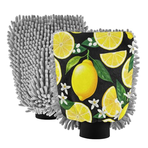 Kigai Yellow Lemon Car Wash Mitt Microfiber, 2Pcs Scratch Free Lint-Free, Premium Chenille Microfiber Mitt Car Wash Brush-L
