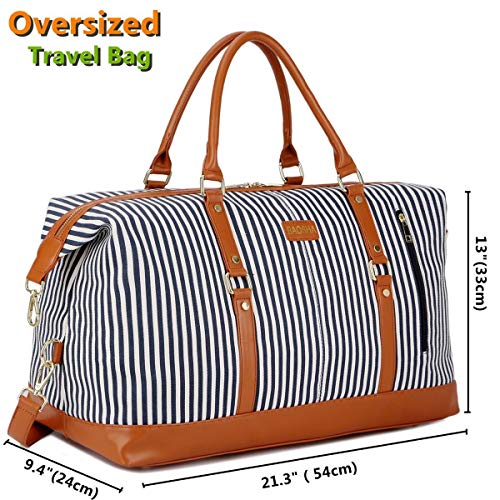 BAOSHA HB-14 Canvas Travel Tote Duffel Bag Carry on Weekender Overnight Bag Oversized for Women and Ladies (Blue Strip)