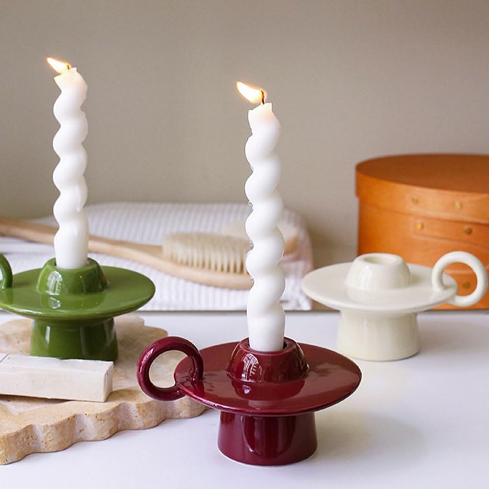 Świeczniki Kolorowy ceramiczny świecznik z uchwytem i podstawą na świecę do kolacji przy świecach, wystrój domu(Green)