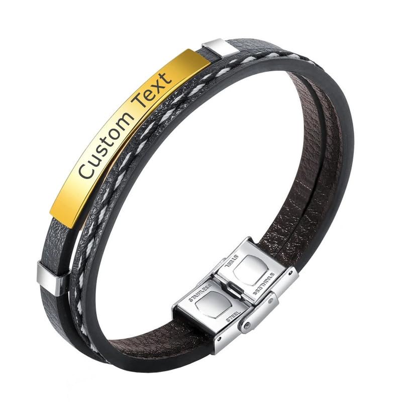 M Men StylePersonalized Mens Custom ID Beads Engraving Names Stainless Steel Leather Bracelet for Men SBr102