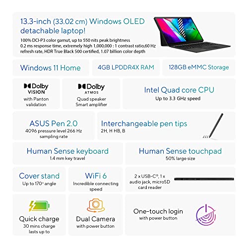 Image of (Refurbished) ASUS VivoBook 13 Slate OLED, Intel Pentium Silver N6000, 13.3-inch (33.8 cms) FHD OLED Touch 2-in-1 Laptop (4GB /128GB eMMC /Office 2021 /Win 11 /Black), T3300KA-LQ122WS