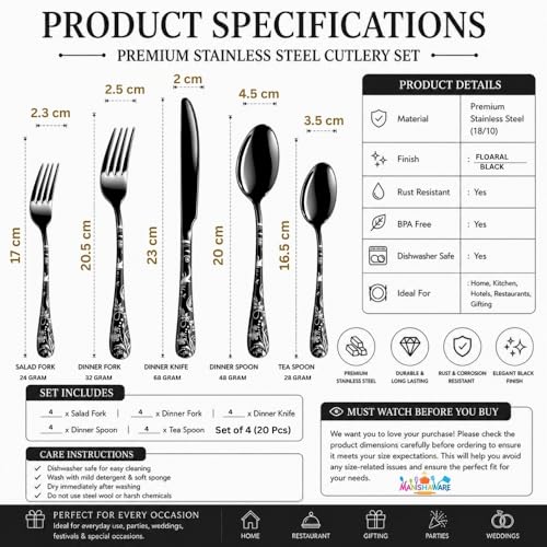 Image of Floral Black 20 Pcs Stainless Steel Cutlery Set for Dining Table, Dishwasher Safe Glossy Flatware (4 Spoon Set+4 Forks Set+4 Butter Knife+4 Dessert Spoon+ 4 FruitFork)