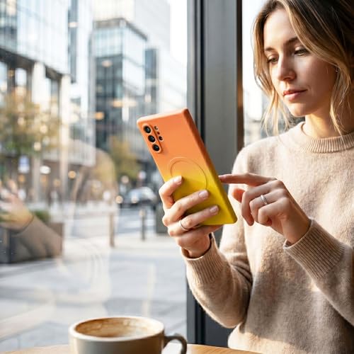Image of amazon basics Gradient Mag-Safe Case for Samsung Galaxy Note 10 Plus | Soft Silicone Shockproof Cover with Camera Protection | Slim Lightweight Design | Smooth Touch & Durable - Orange & Yellow