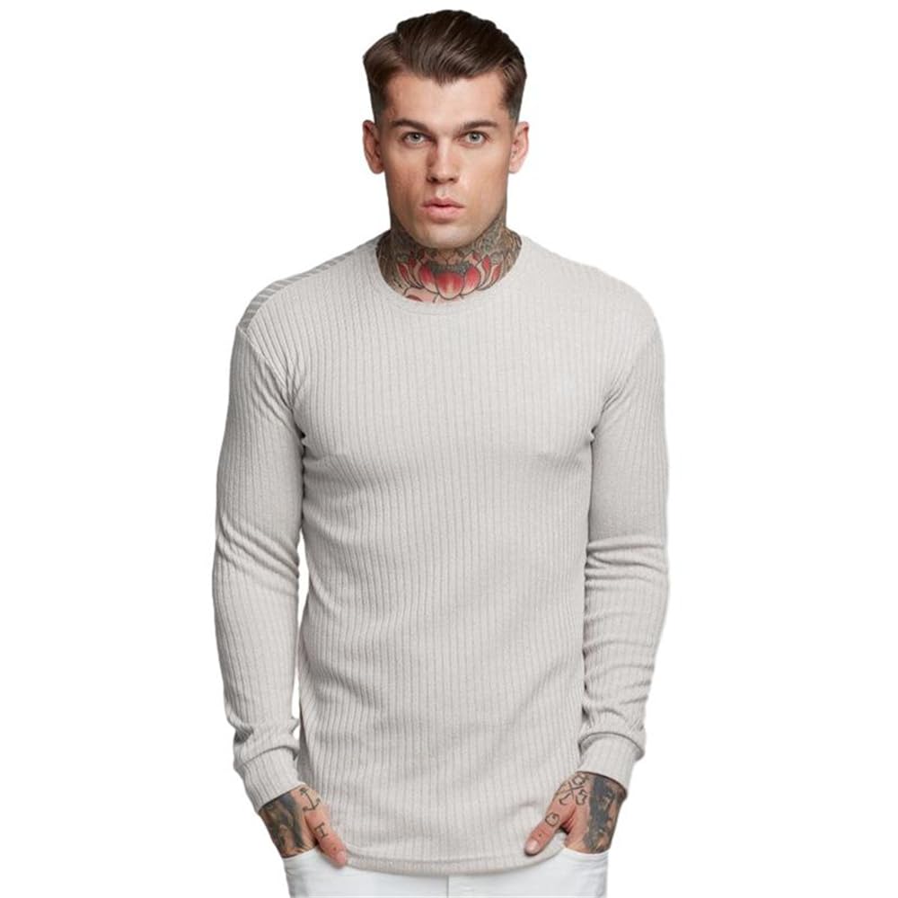 GenericMen Knitted Tops Slim Fit Round Neck Casual T-Shirt Stretch Long Sleeve Men Sport T-Shirt Sport Breathable Solid Colour Men Basic T-Shirt