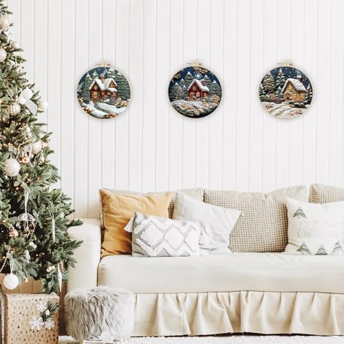 Image of EOBTAIN 3 Pcs Winter Christmas Embroidery Kit for Beginners,Christmas Village Embroidery Starter Kit Green Xmas Tree Snow Scene Stamped Patterns with Hoop,Thread,Needles,Hand DIY Craft Kits for Adults