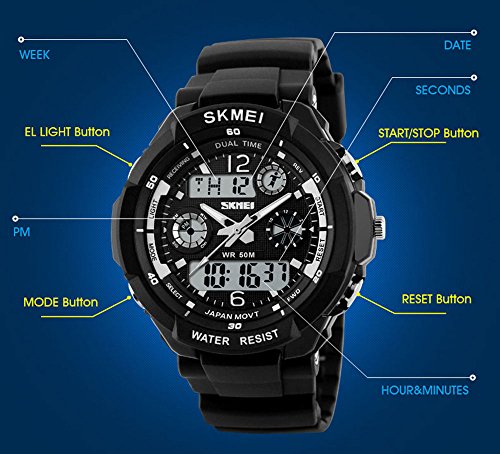 FANMIS Mens Sports Watches Multifunction Dual Time Alarm Stopwatch 50M Waterproof Analog Digital Led Wrist Watch3
