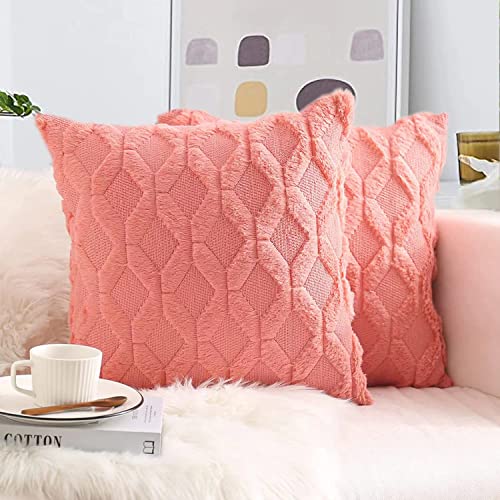 Soft Plush Throw Pillow Cover Luxury Velvet Decorative Cushion Sham for Couch, Living Room, Sofa, Bed Faux Fur Square Accent Textured Throw Pillow Cases, Pack of 2, 18x18 Inch, Coral