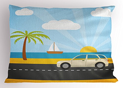 Lunarable Road Trip Pillow Sham, Grungy Background Summer Holiday Theme with Car Journey Near Exotic Tropic Beach…