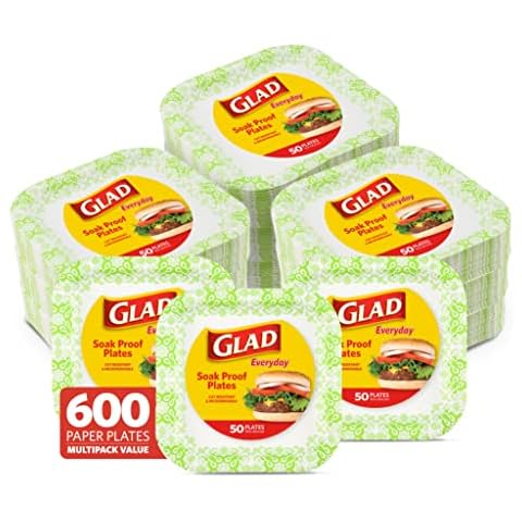 Glad Quadratische Einweg-Pappteller für alle Anlässe, neue und verbesserte Qualität, weichfest, schnittfest Cover