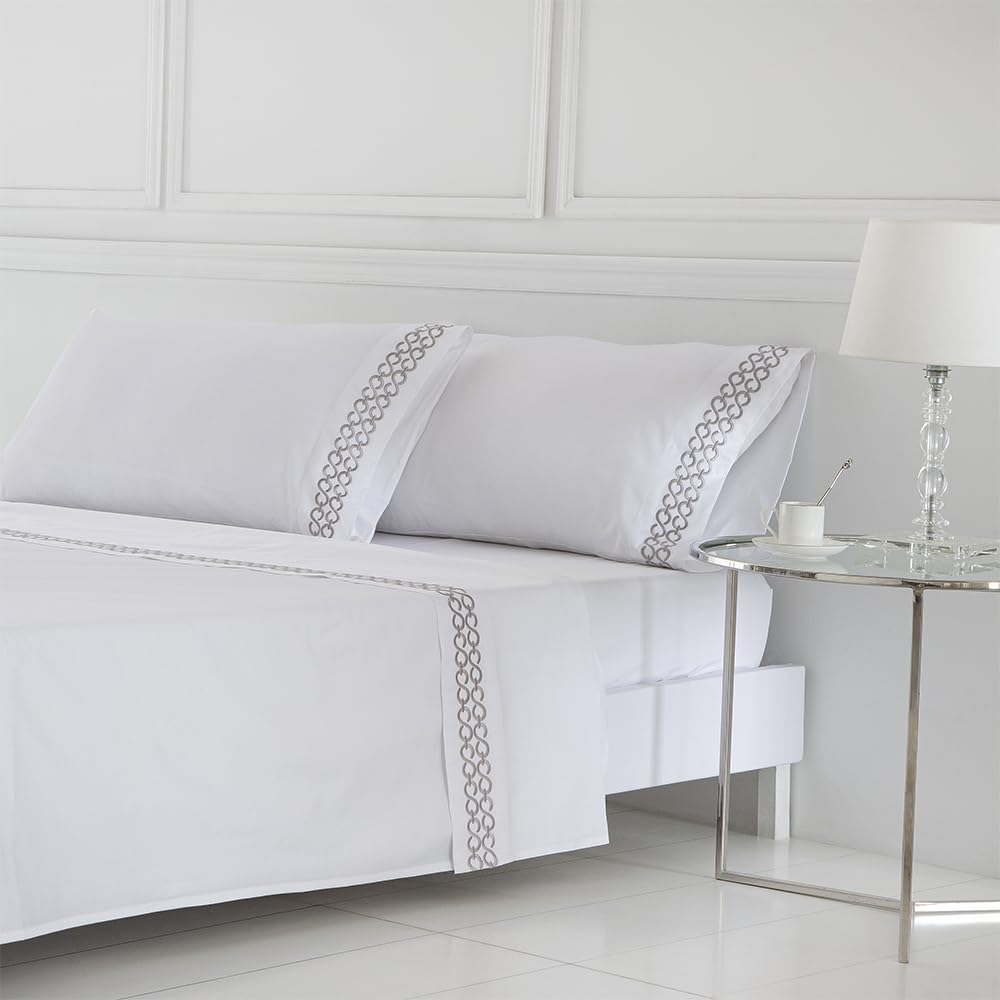 COTTON ARTean Juego de sabanas de Saten Algodon Egipcio DE 400 Hilos Mendi Bordado Fondo Blanco con Bordado en Gris Cama de 135 x 190/200. 100% Algodon Egipcio Blanco.