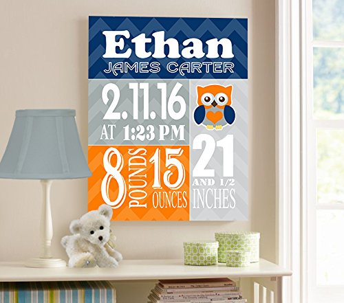 Personalized Stretched Canvas Birth Announcement Gift, Custom Baby Name, Date, Weight Stats, Newborn Owl Nursery Wall Art Decor, Wooden Frame Construction, Ready to Hang 24X30