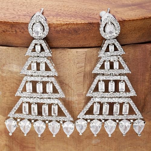 Rhodium Ptd Diamond Drop Earrings