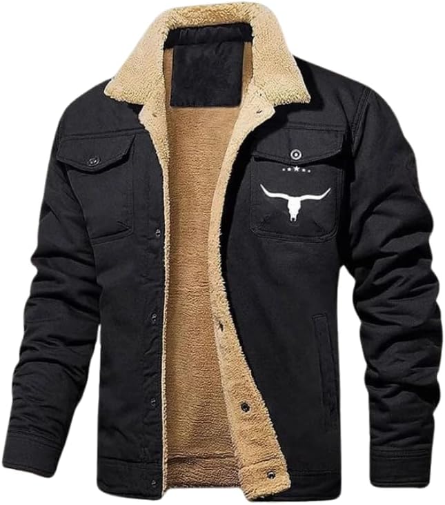 HOTYD Men's Western Fleece Jacket Warm Winter Fleece Lined Coat Lapel Work Cargo Jackets Sherpa Lined Trucker Jackets