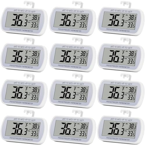 Refrigerator Thermometer Digital Fridge Freezer Room Thermometer Waterproof Large LCD Display Max/Min Record Function White (12)