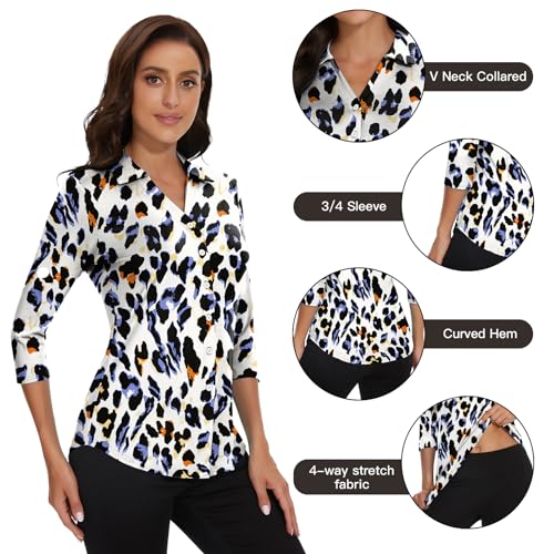 Image of Soneven Womens Golf Polo Shirts 3 /4 Long Sleeve V Neck Button Down Shirts Business Causal Work Blouses Tops
