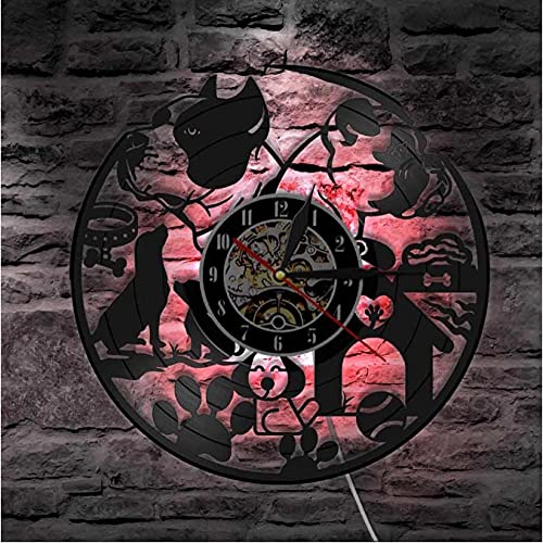 Luce notturna a led Amo i cani Negozio di animali domestici Orologio da parete decorativo Cucciolo Razze di cani Orologio da parete in vinile Orologio appeso Amanti dei cani Proprietari di animali Re