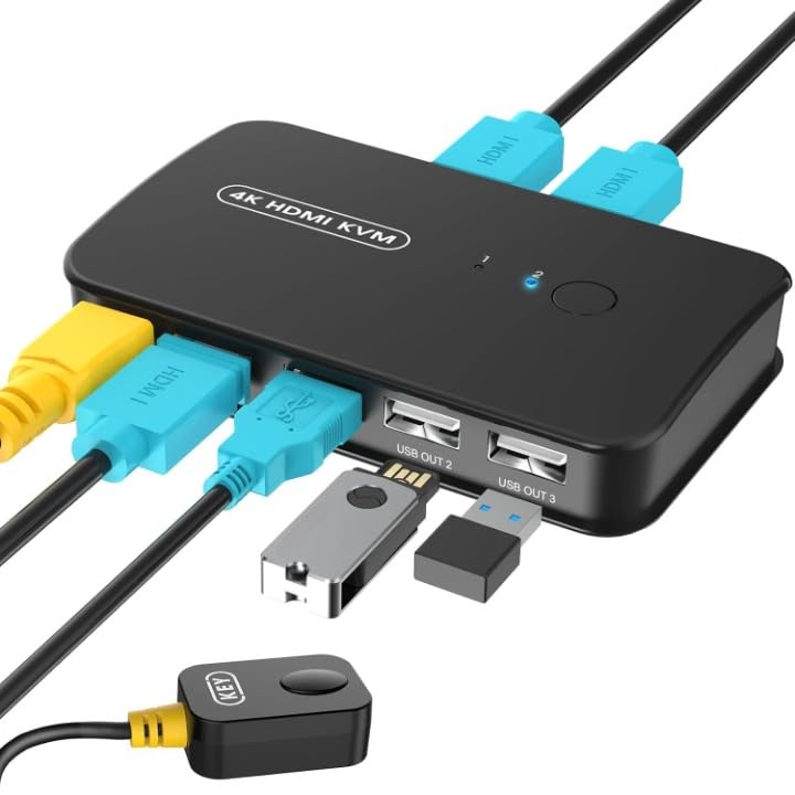 MICROWARE HDMI KVM Switch 1 Monitors 2 Computers 4K@60Hz USB KVM Switches 2 Ports for 2 PC Sharing Monitor and Keyboard Mouse with Remote Controller and 2 KVM Cables-image-29