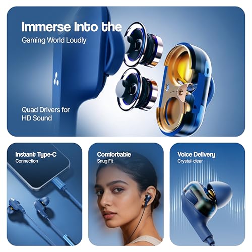 Image of Ambrane Type C Wired Earphones with Mic, Dual Dynamic Drivers, Hi-Fi Stereo Sound, Deep Bass, in-Ear Earphones for Gaming, Music & Calls, Compatible with Type C Smartphones, iPhone,Android, Ipad