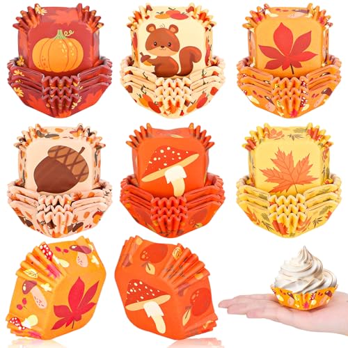 Whaline 600Pcs Fall Thanksgiving Autumn Mini Square Cupcake Liners Pumpkin Leaf Acorn Cupcake Wrappers Harvest Muffin Baking Cup for Holiday Wedding Birthday Party Decor