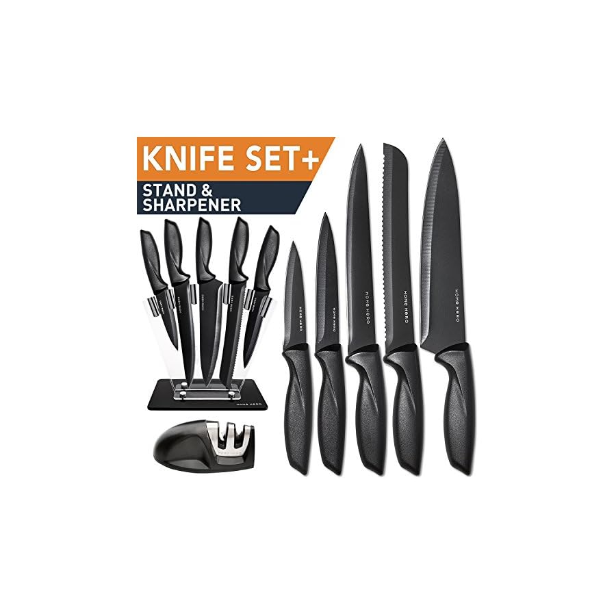 Home-Hero-7-pcs-Kitchen-Knife-Set-Block-Knife-Set-5-Black-Stainless-Steel-Knives-Knife-Sharpener-with-Acrylic-Stand-Black-Stainless-Steel Home Hero Kitchen Knife Set with Sharpener - High Carbon Stainless Steel Knife Block Set with Ergonomic Handles (7 Pcs - Black)