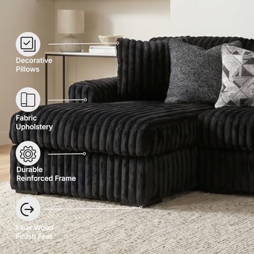 Image of Signature Design by Ashley Midnight-Madness 2-Piece Sectional Sofa with Chaise, Quick 5-Minute Assembly, L-Shaped Polyester Corduroy Couch for Living Rooms, 120 inch W x 65 inch D, Onyx Black