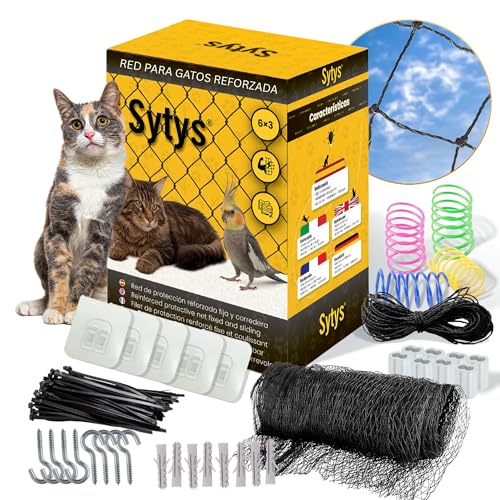 Red para Gatos Terraza Reforzada con Acero de 6 x 3 m SIN Taladro + Kit de Instalación Incluido + 4 Juguetes Interactivos de Regalo | Fija o CORREDERA | Redes para Gatos para Balcon y Ventanas
