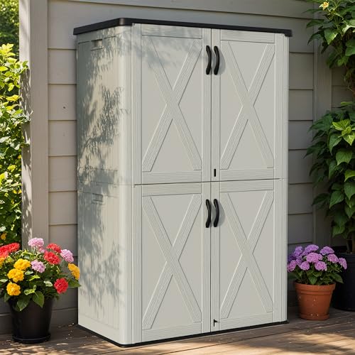 Greesum Outdoor Storage Cabinet, 50 CUFT Deck Box Without Shelves, Waterproof Plastic Storage Shed for Patio Cushions, Gardening Tools, Lockable and Sidehandles, UV Resistant, Beige