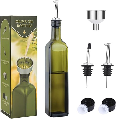KJOET ガラス製 オリーブオイルボトル 500ml(17オンス ) グリーンオイル&ビネガークルエット 注ぎ口と漏斗付き - キッチン用オブカラフ- (1パック)