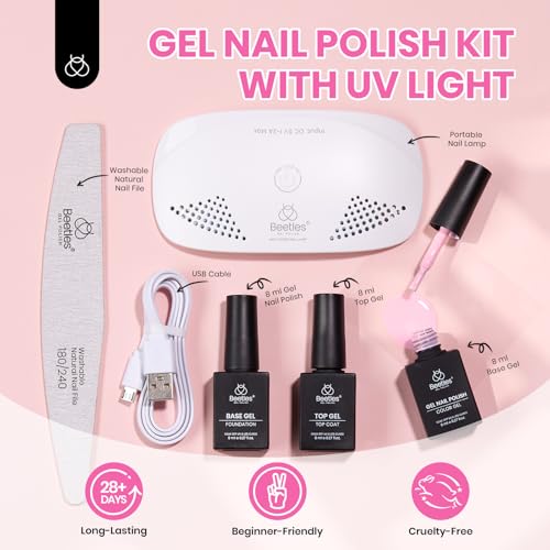 Image of Beetles Nude Pink Gel Nail Polish Kit with UV LED Light Nail Lamp 6 Pcs Starter Kit Base Gel Top Coat Soak Off Nude Pink Polish Set with Nail File for DIY Manicure Gifts for Women