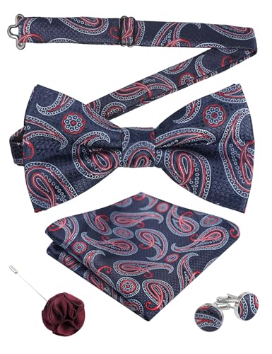 Image of Alizeal Mens 4pcs Vintage Paisley Bow Tie Set | Pre-tied Pocket Square Cufflinks Boutonniere for Wedding Everyday Use