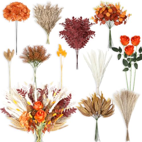 Cindeer 125 Pcs 11 Kinds Artificial Greenery Spray Box Set Faux Greenery Stems and Flowers Bulk Fake Eucalyptus for Wedding DIY Bouquets Floral Arrangement Wedding Home (Orange,Simple)
