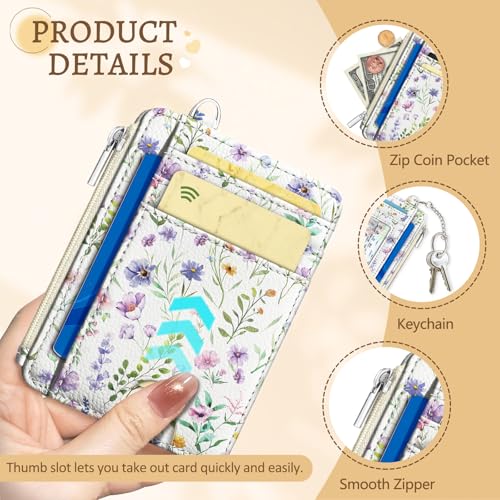 Image of Kelvoris Flowers Credit Card Holder Small Wallet Women, Slim RFID Keychain | Keychain, Zipper Coin Pocket, Front Pocket Thin Travel Card Case, Minimalist, 6 Card Slots, 1 ID Window, Ladies Gifts Woman