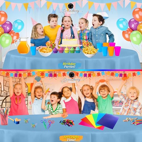 Image of Grandipity Plastic Table Cloth Disposable 12 Pack 84 inch Round Sky Blue | Plastic table covers, durable disposable tablecloths, fade and tear-resistent table cover for party, event