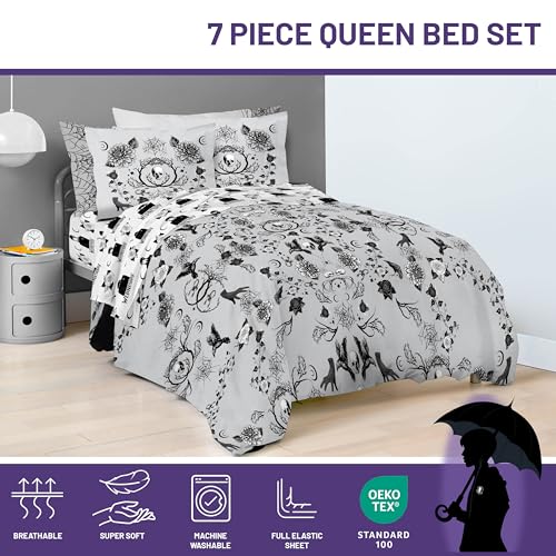 Image of Wednesday Addams Queen Comforter Set 7 Piece Floral Bedding for Girls, Gray