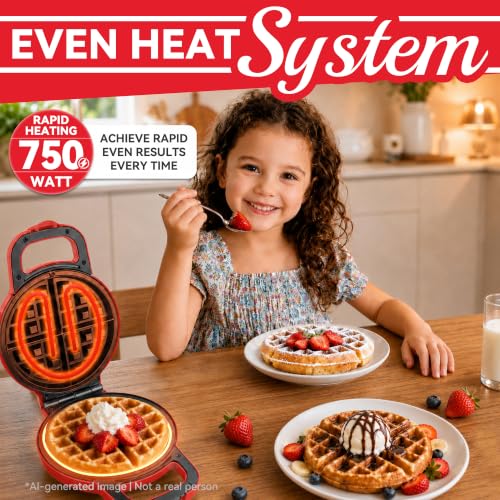Image of SugarWhisk 6-Inch Flip Belgian Waffle Maker, Ceramic Nonstick,Red | 180 Flip Waffle Iron, 750W Heat, PFAS-Free Ceramic Plates, Cool-Touch Handle, Safety Lock, Batter Groove & Upright Storage