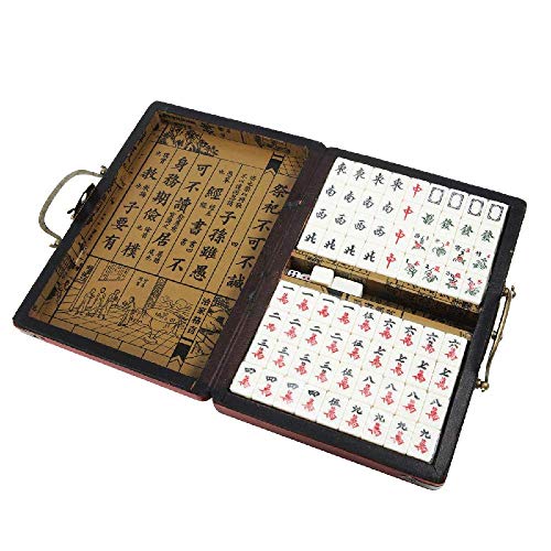 IRONWALLS Chinese Mahjong Mah Jongg Game Set with 144 Mini Tiles Dot Dice Leather Box Extra White Tiles for Travel Family Game