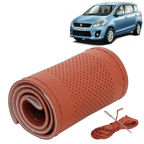 Image of KINGSWAY PU Leatherite Car Steering Cover Sewable Compatible with Maruti Suzuki Ertiga (Year 2012-2016), Tan Color with Tan Thread, Pack of 1 with Sewing Needle and Thread