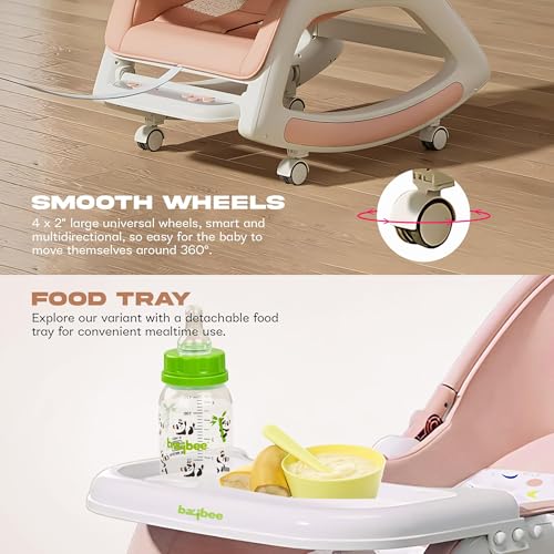 Image of Baybee 5 in 1 Baby Rocker for Babies | Portable Rocking Chair for Kids with Parent Handle, Multi Position Recline, Tray & Music | Baby Bouncers 0 to 3 Years Boys Girls (Pink)
