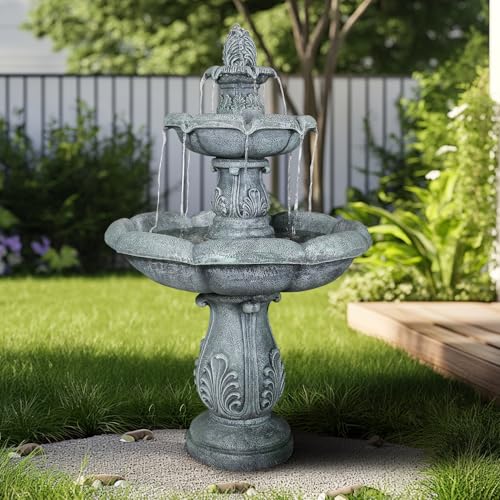 Image of SunJet 48 inch High 3-Tiers Modern Concrete Outdoor Water Fountain - Round Large Outdoor Fountains and Waterfalls for Garden, Patio, Yard, and Deck Decor, Featuring Natural Stone Look (Grey, 48 inch)