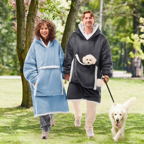 JOYWOO Oversized Wearable Blanket Hoodie,Cat lovers Long Hoodie Blanket for Adult,Birthday Gifts for Women Men Mom,Cozy Sherpa Sweatshirt Hooded Blanket Giant Pocket Winter Gifts,Denim blue Oversize