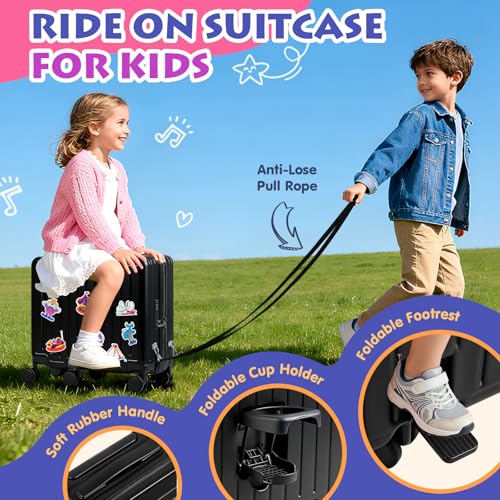 Kids Ride-On Luggage, 20" Hardshell Carry-On Suitcase with 6 Spinner Wheels, Foldable Pedal, Hidden Cup Holder & Combination Lock for Toddlers & Children (Black, 20-inch)3