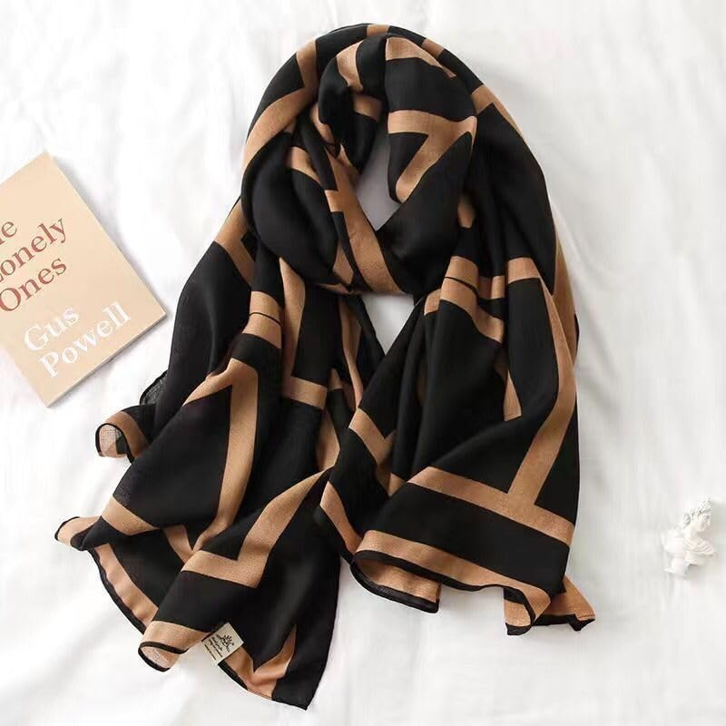 Image of Alexvyan Satin Silk Summer Scarves 170 x 84 cm, Black and Gold Geometric Pattern with Stitched Border, Lightweight Fashion Scarf for Women Sun Protection Stole